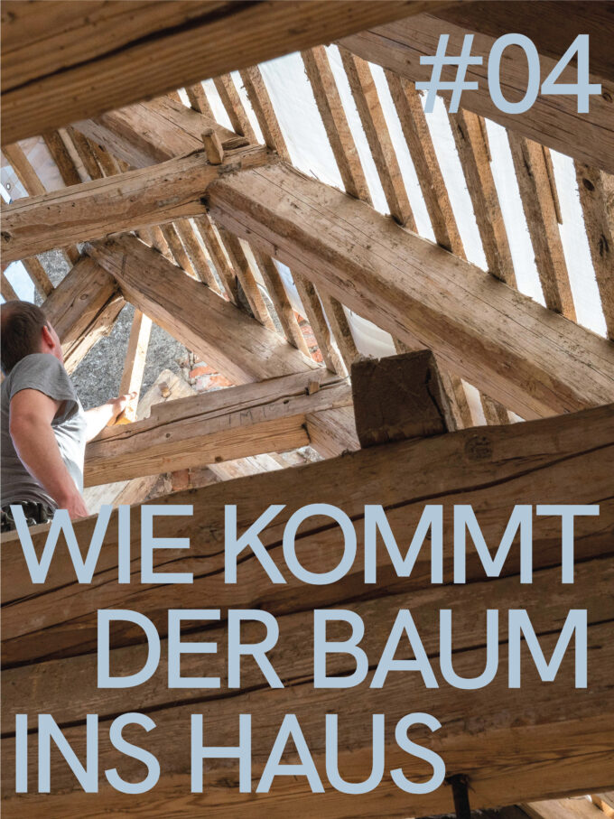 Plakat „#04 Wie kommt der Baum ins Haus“: Mann blickt in einen alten Holzdachstuhl